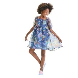 Care Bears Girls Babydoll Organza Puff Sleeve Dress  XL (14)  Navy Blue Rainbow